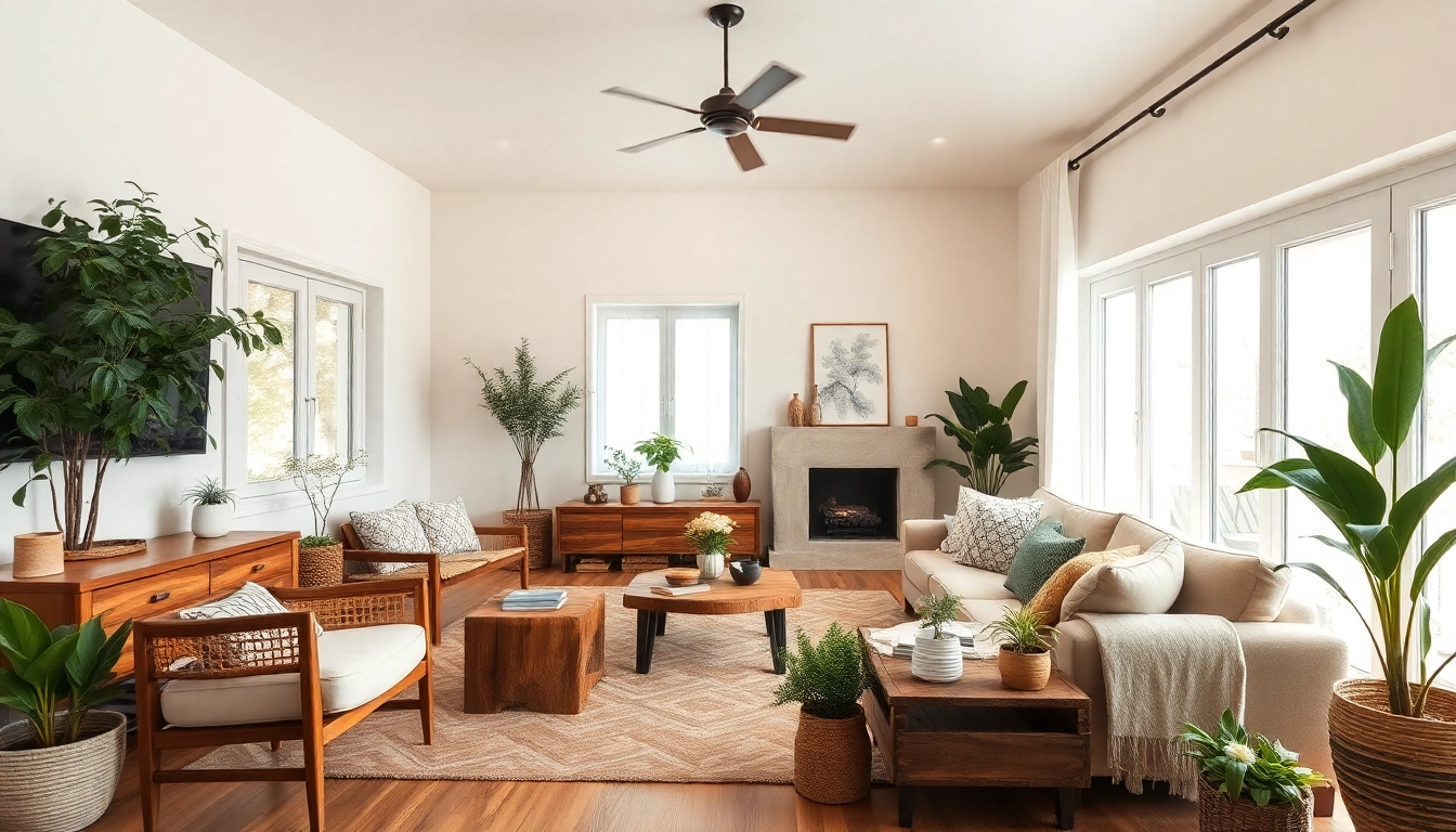 Transform your entire interior with a cozy living room featuring rustic wooden furniture and decorative plants.