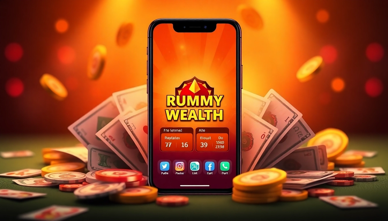 Engage with Rummy Wealth as a vibrant app interface shows rummy gameplay and bonus rewards.