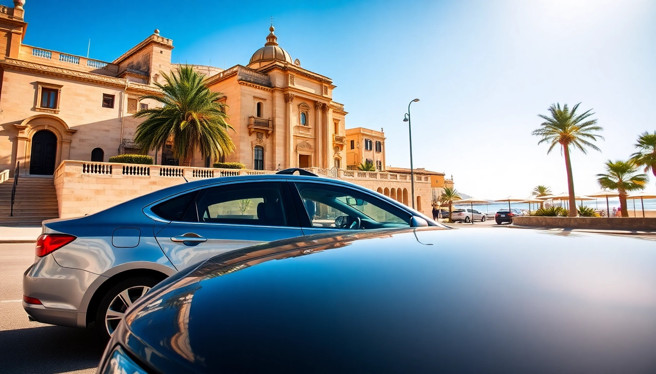Experience a cheap car rental with driver Malta, featuring a luxury vehicle against a stunning seaside backdrop.