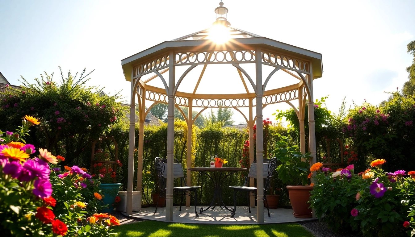 Enjoy a shaded gazebo in Ireland surrounded by colorful flowers, perfect for outdoor gatherings.