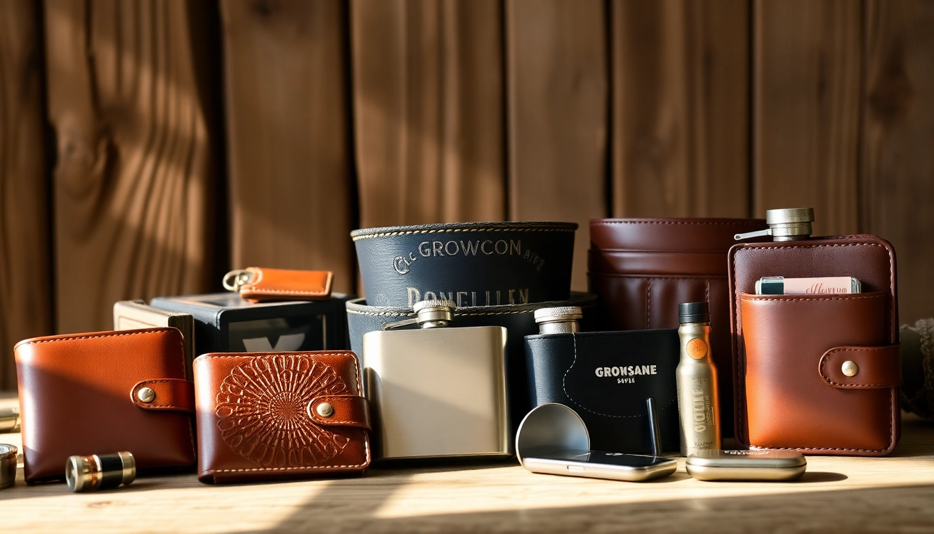 Showcase cheap groomsmen gifts like personalized flasks and wallets, arranged for a charming presentation.