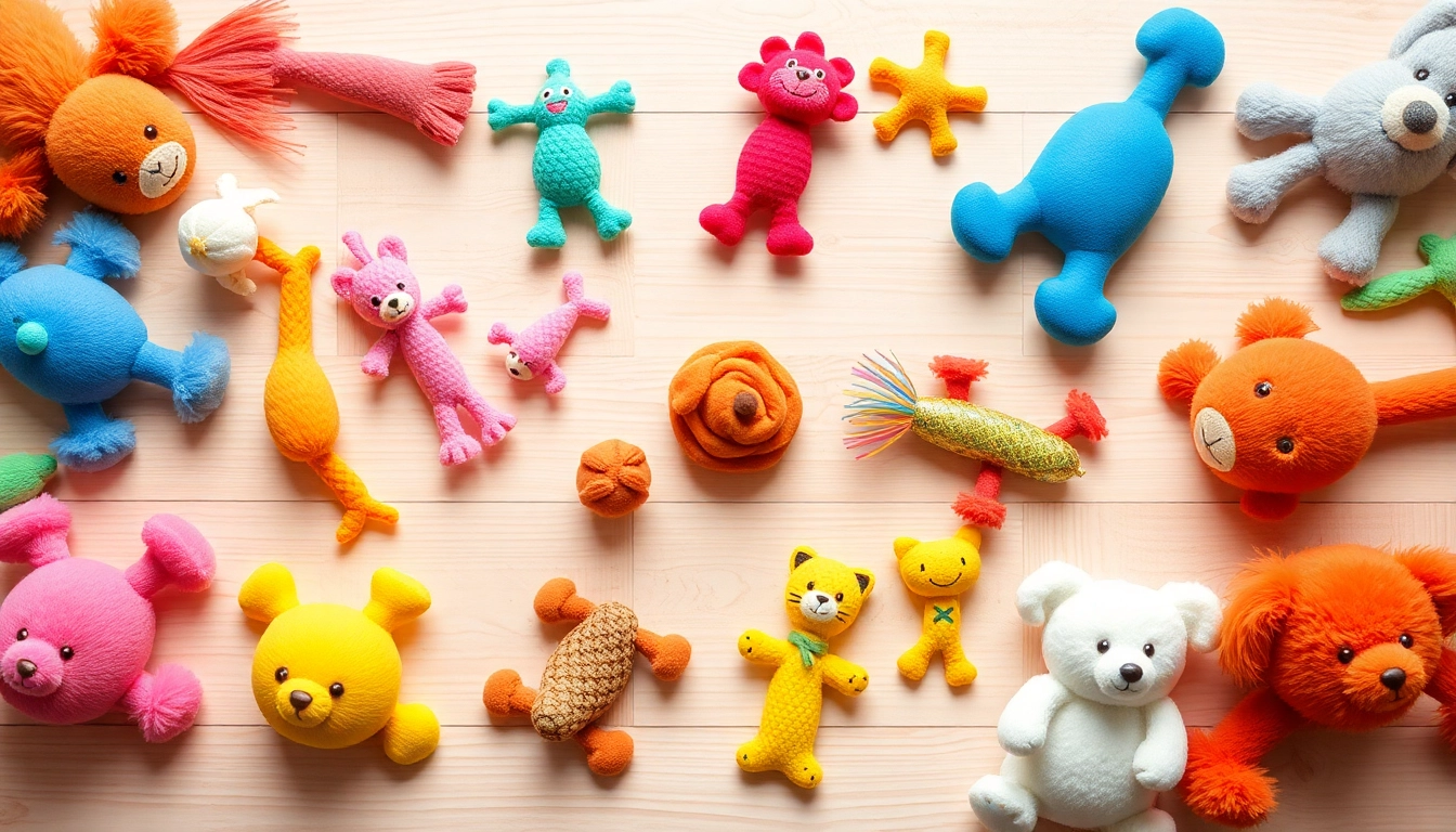 Colorful pet toys arranged creatively to enhance playtime for dogs and cats.
