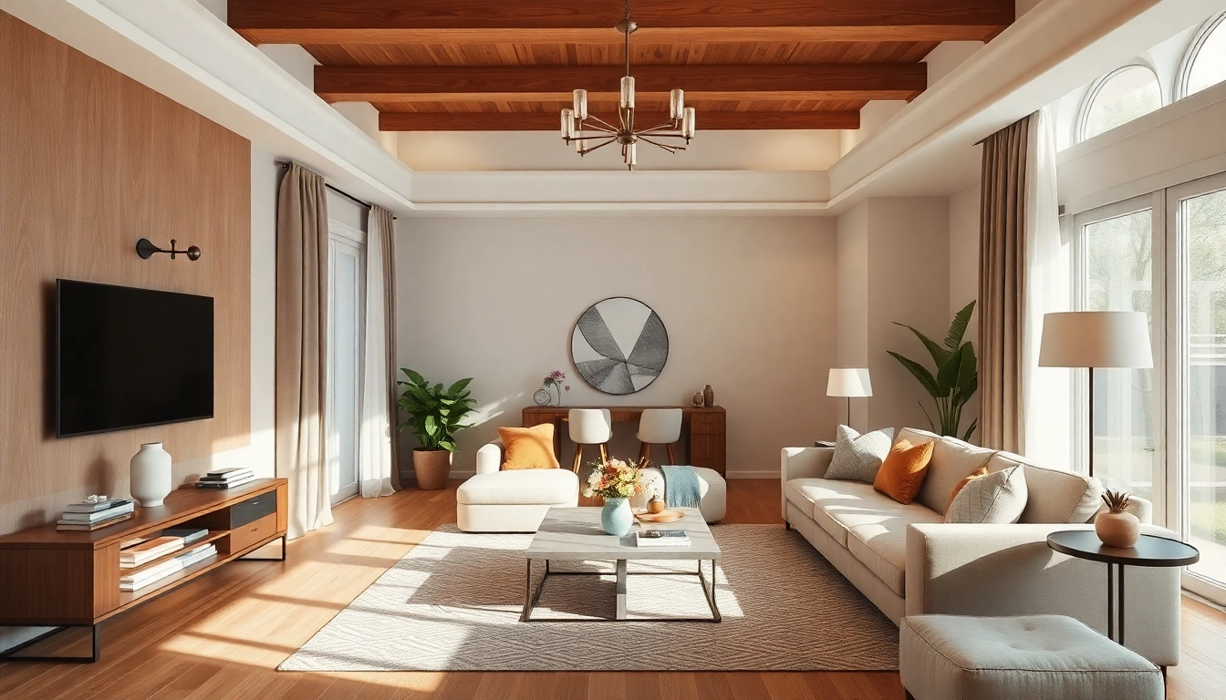 Capture the essence of an entire interior living space showcasing cozy modern furniture and warm tones.
