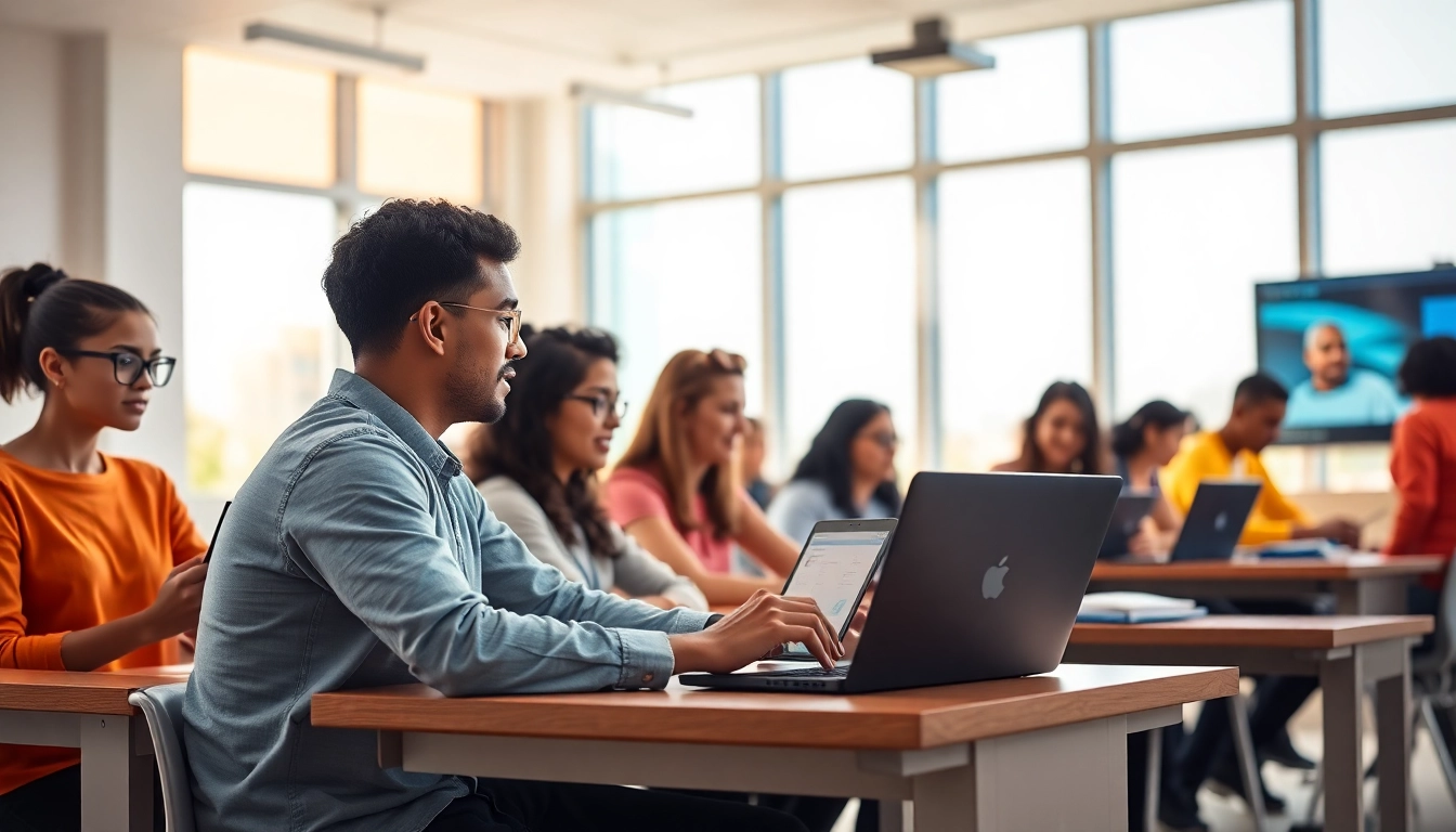 Students learning Diploma Digital Marketing with AI in a modern digital classroom environment.