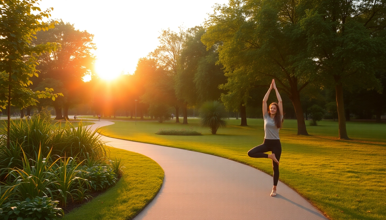 Enhance health by practicing yoga in a serene park setting, surrounded by greenery.