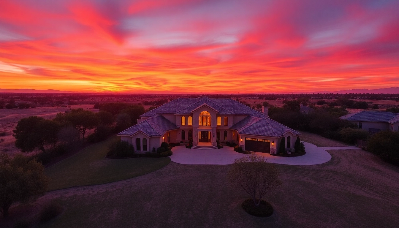 Showcase real estate aerial photography highlighting a luxurious property against a sunset backdrop.