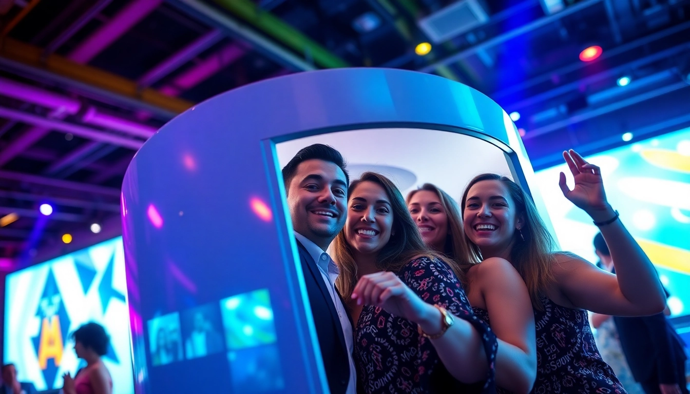 Guests enjoying a 360 photo booth rental near me at a festive event, capturing memorable moments together.