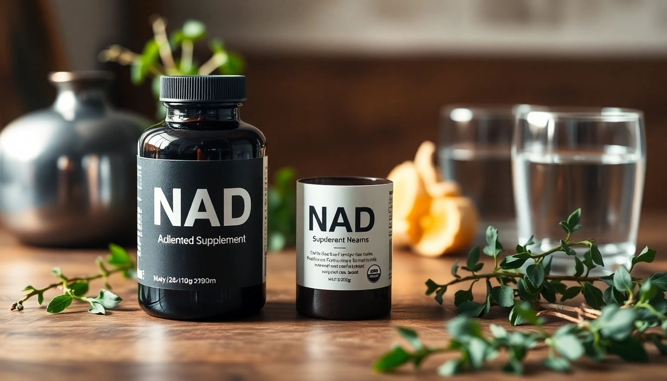 Boost your vitality with this NAD Supplement displayed beside fresh herbs and water.
