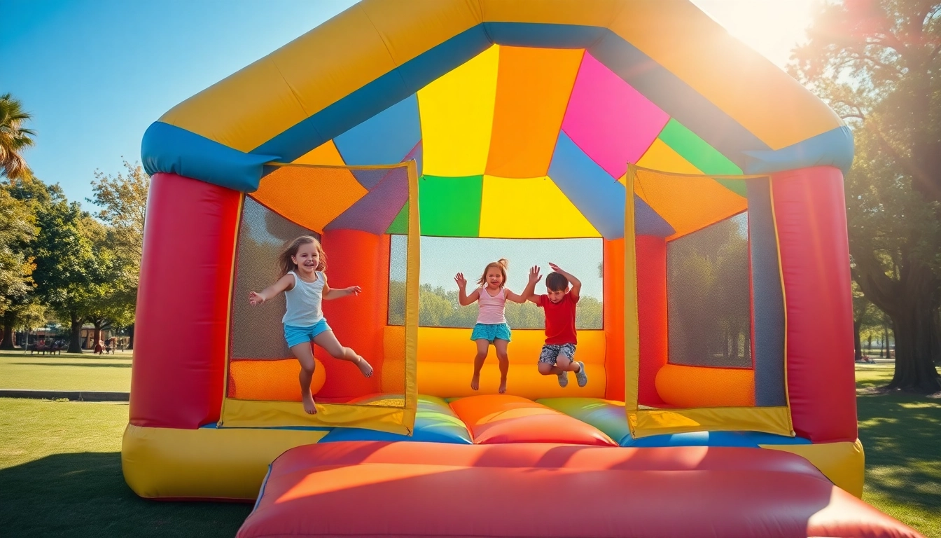 Enjoy a vibrant bounce house rental near me featuring kids laughing and jumping energetically in the sun.