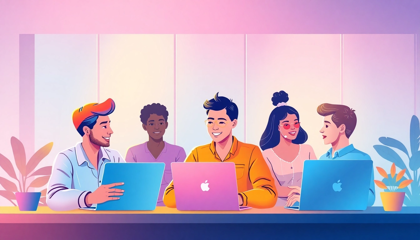 Outsourcing illustrated through a diverse remote team collaborating effectively.