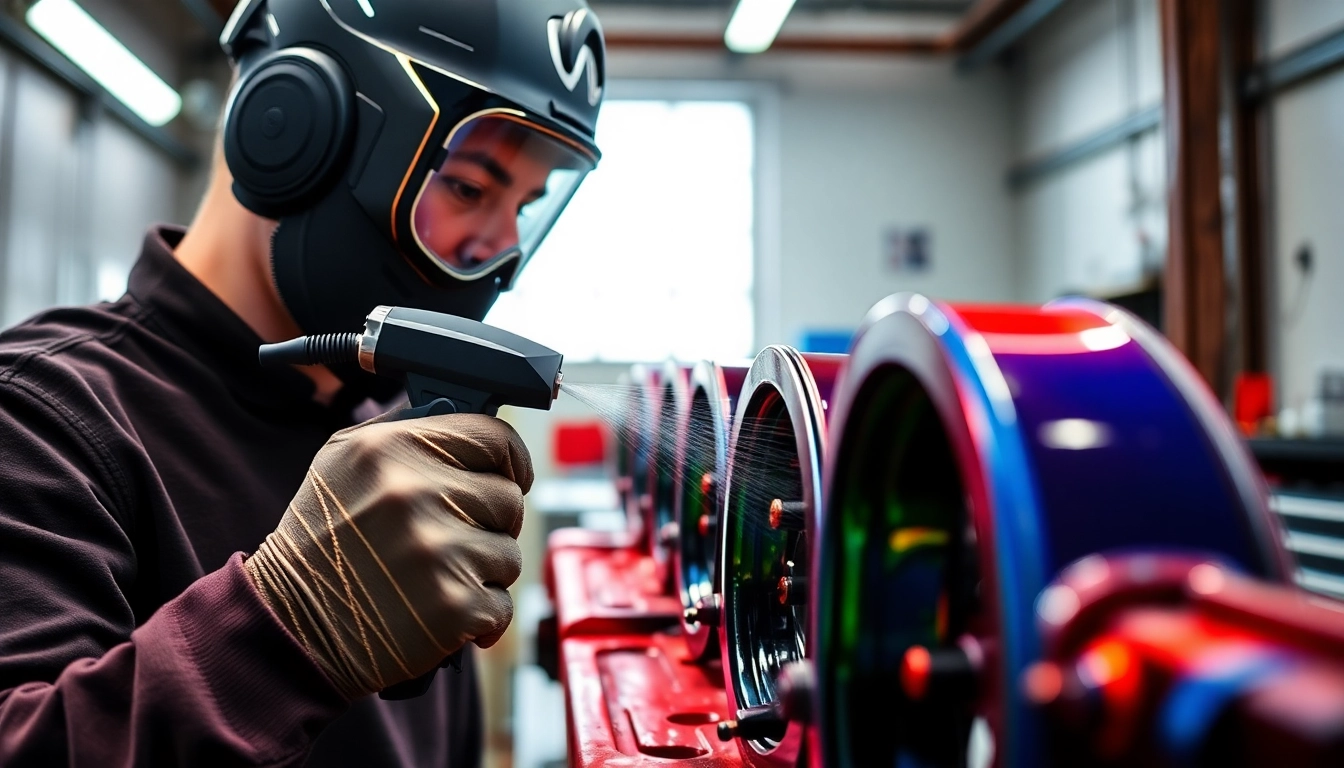 Technician performing redditch powder coating on metal parts, highlighting technique and vibrant colors.