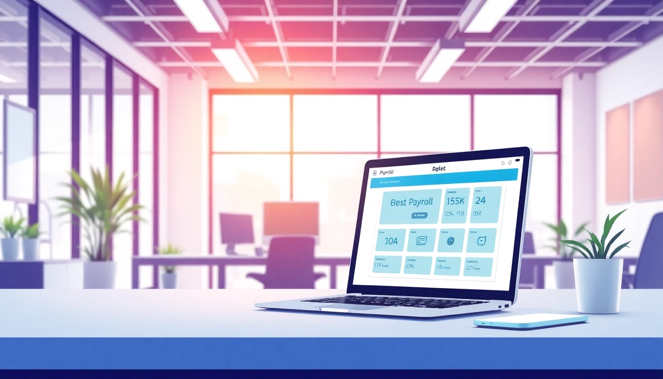 Highlight efficient use of best payroll apps in a modern office setting with a sleek laptop.