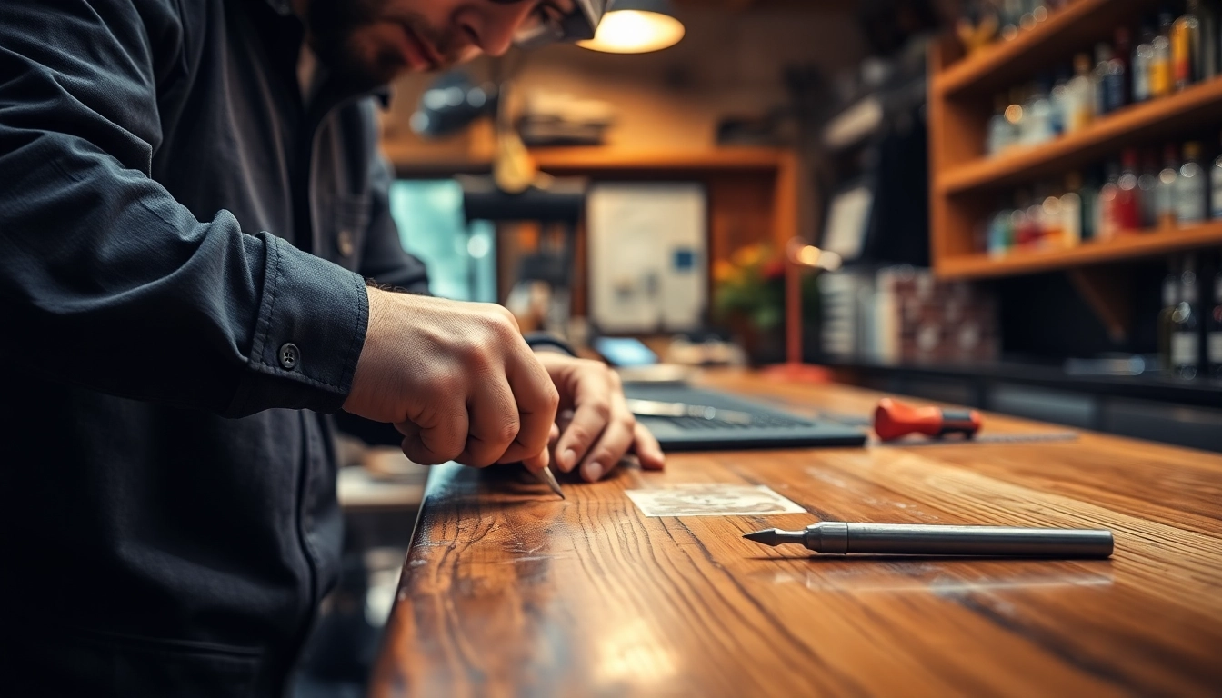 Expert technician demonstrating back bar repair techniques on a wooden surface.