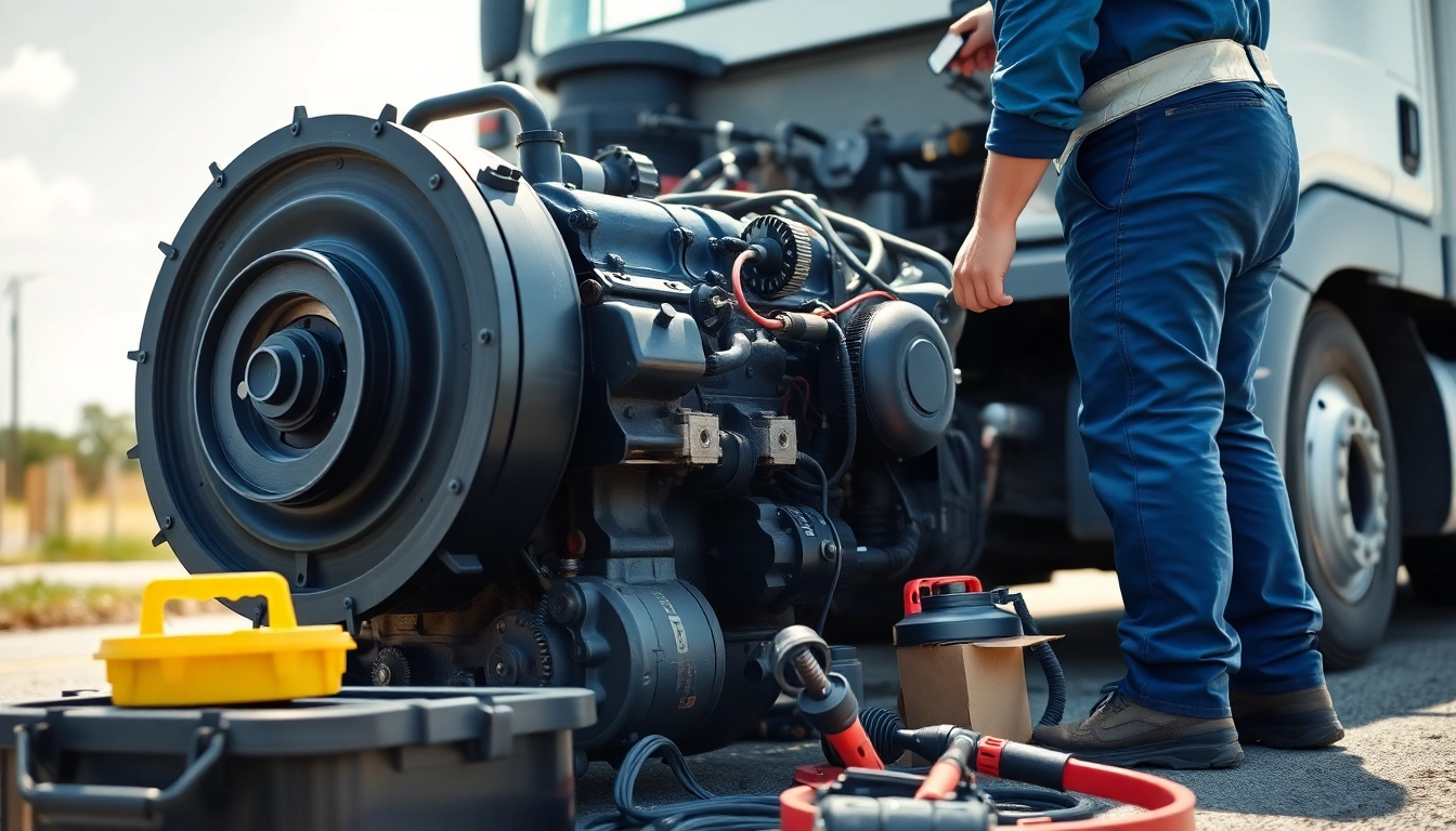 Emergency roadside diesel engine repair near me, showcasing a technician working diligently on a diesel engine in a roadside setting.