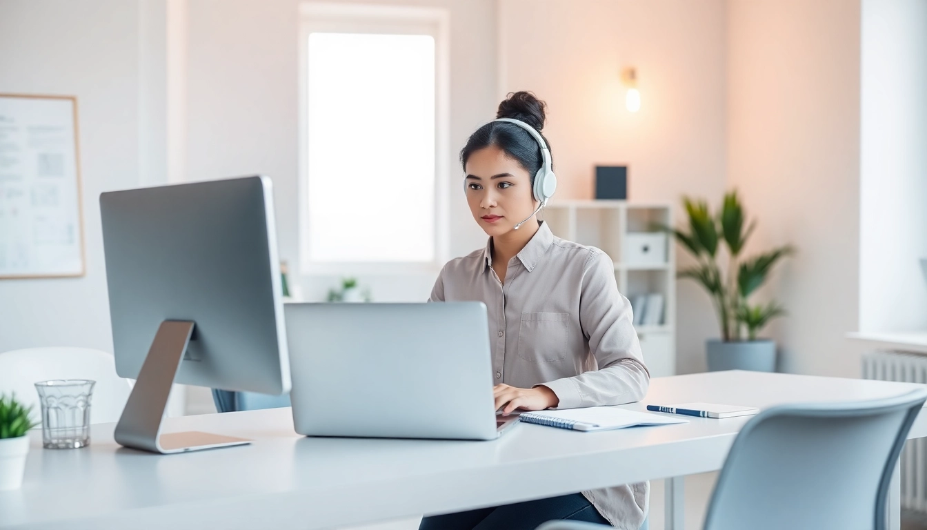 Engaged virtual assistants managing tasks efficiently in a contemporary workspace.
