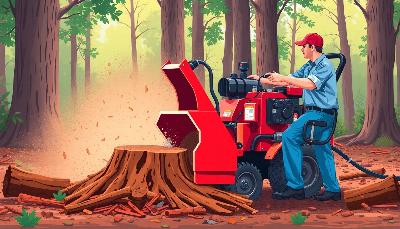Stump grinding service efficiently removing tree stumps with heavy-duty equipment in a vibrant garden.