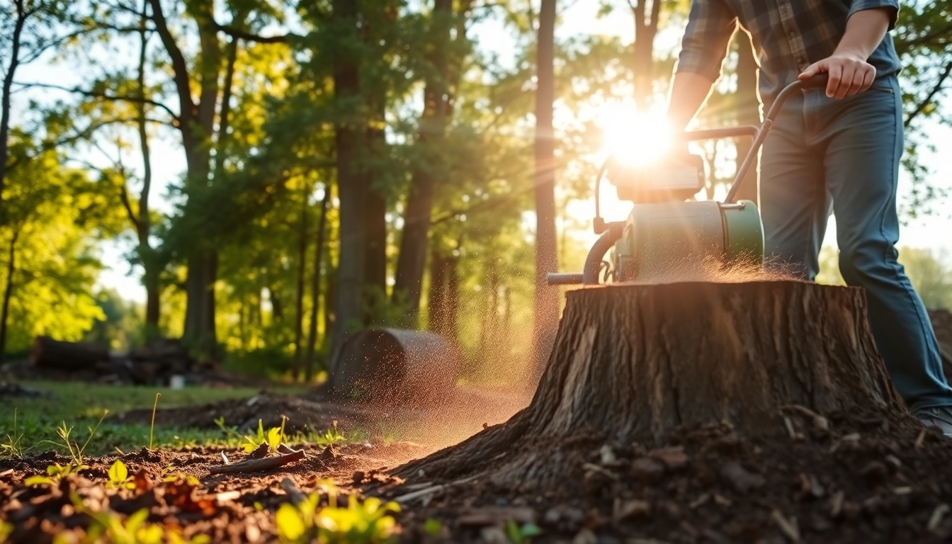 Efficient stump grinding service showcasing a professional using machinery to eliminate a tree stump.