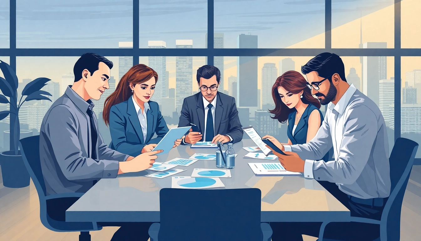 Engaging professionals discussing competitive intelligence services with data insights in a modern office setting.