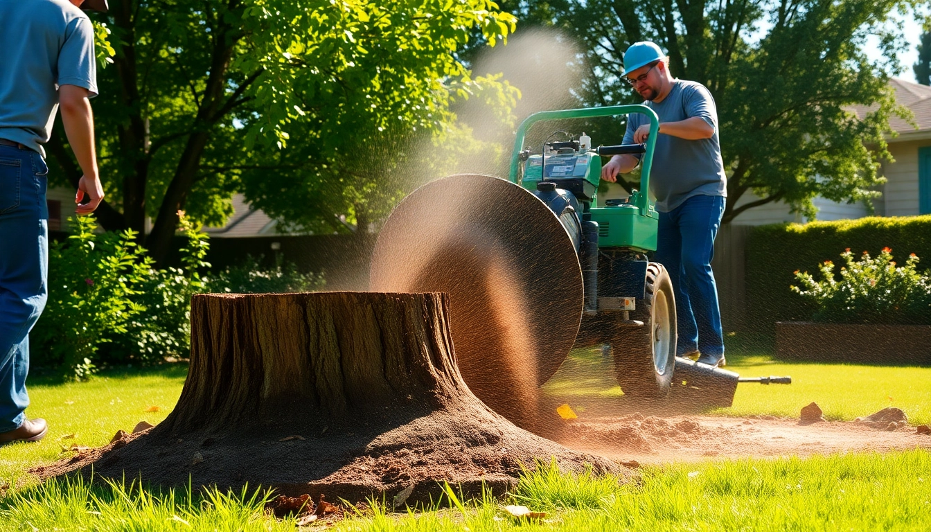 Expert stump grinding service efficiently removing a tree stump in a clean suburban setting.