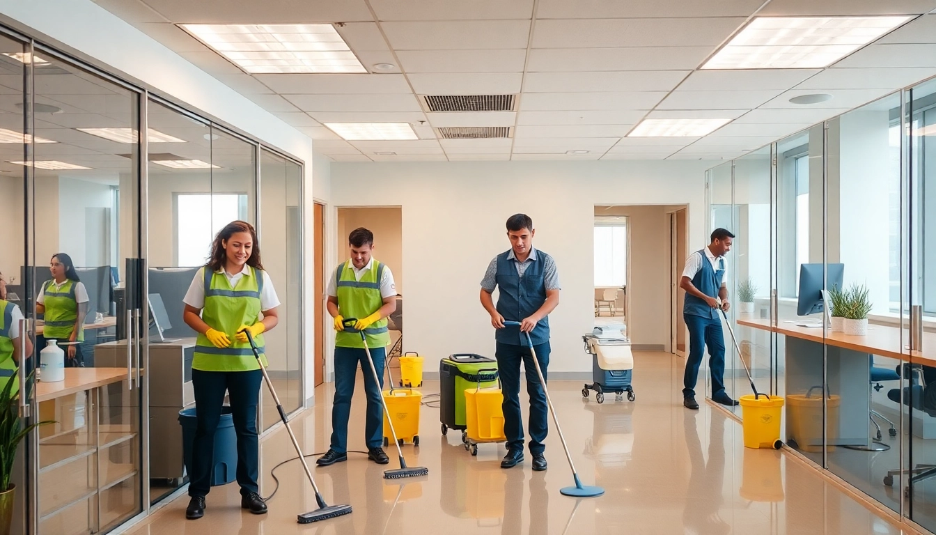 Jacksonville commercial cleaning professionals sanitizing an office space with modern equipment.