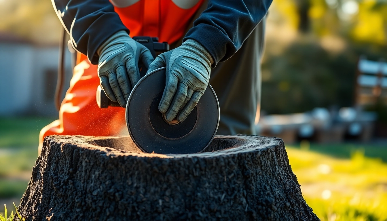 Technician efficiently executing stump grinding service with modern equipment on a tree stump.