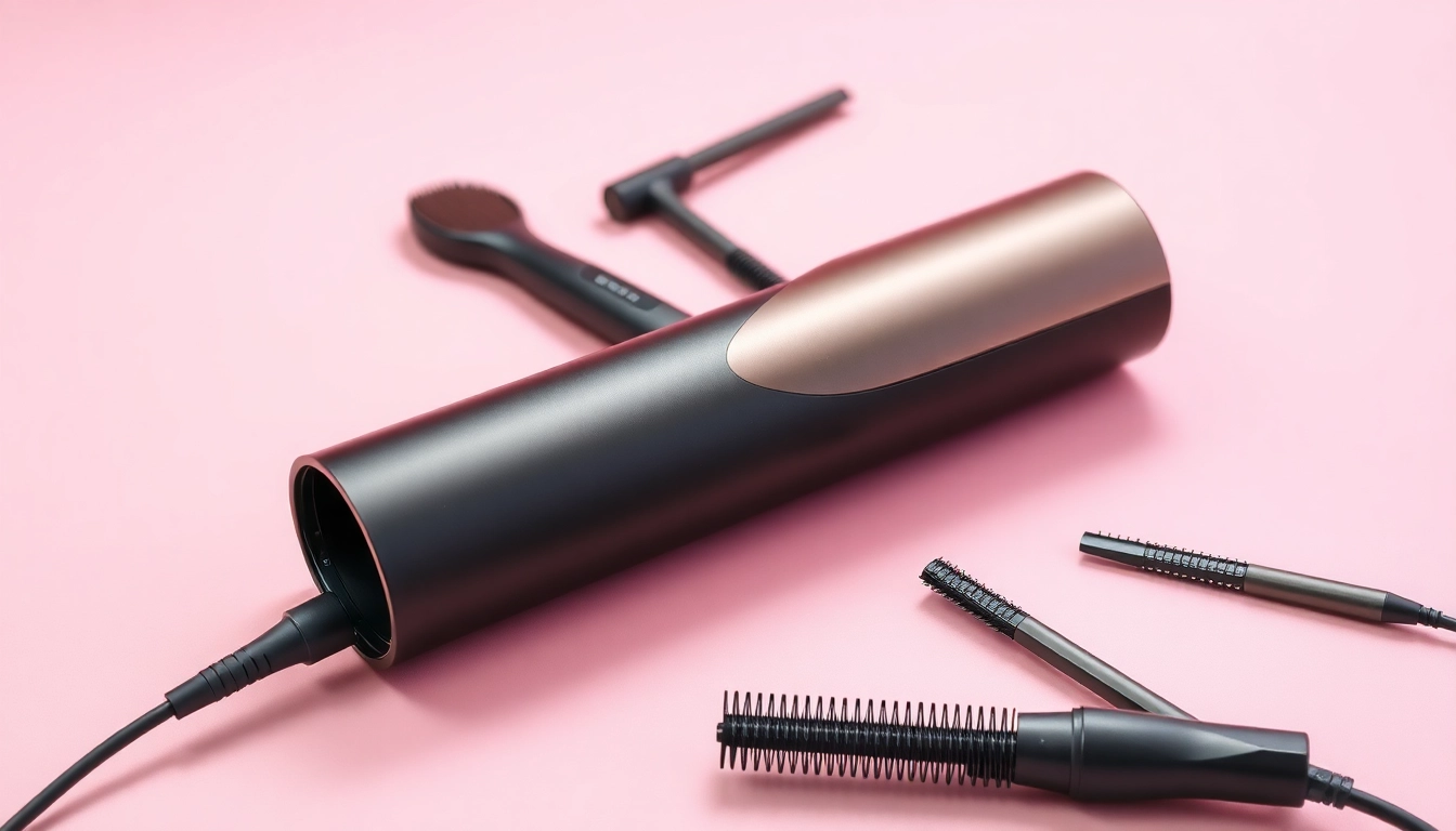 Showcase the all in one hair styler with a sleek design and vibrant color, perfect for easy hairstyling.
