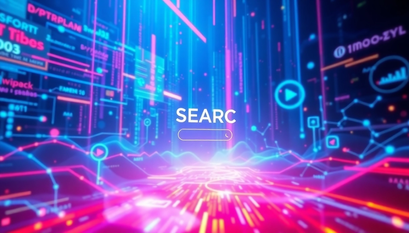 Visualize an AI search engine experience through a vibrant digital landscape and data streams.