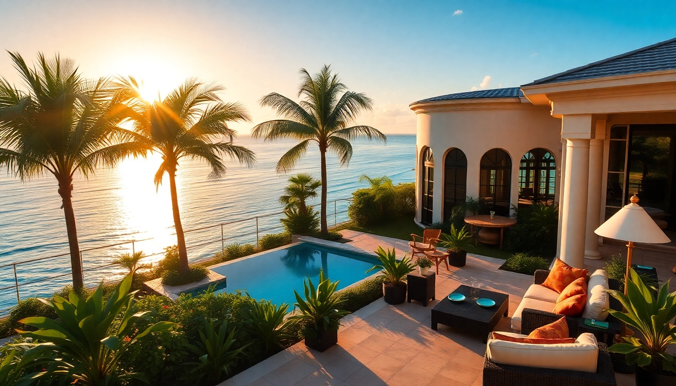 Experience the stunning view from a st martin private luxury villa with lush gardens and a breathtaking sunset.