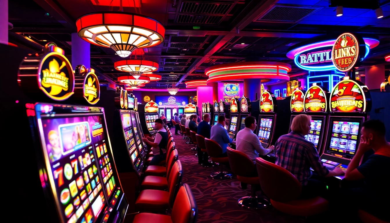 Visitors enjoying the Rolling Slots Casino, experiencing excitement with vibrant slot machines.