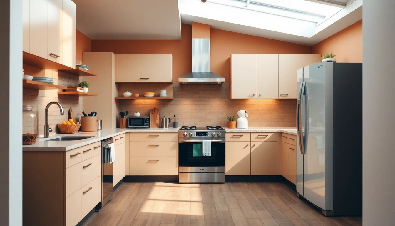 Showcase stylish affordable kitchen appliances with elegant finishes in a bright kitchen setting.