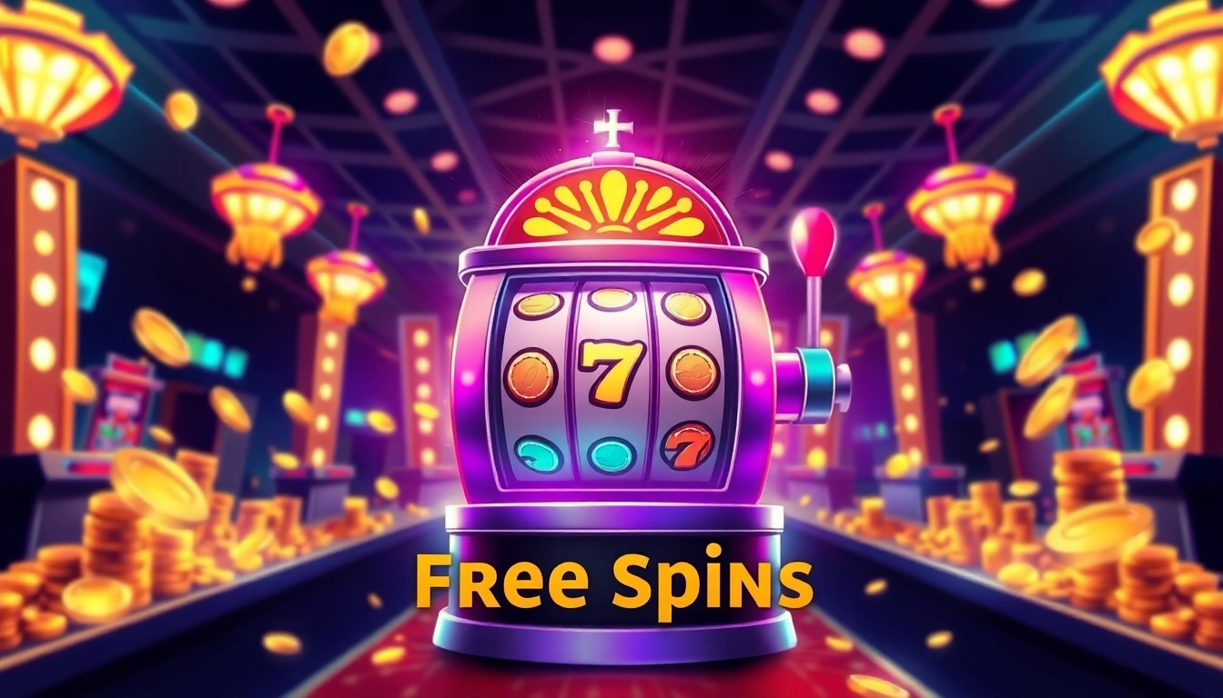 Spin and win with free spins on colorful slot machines filled with coins and excitement.