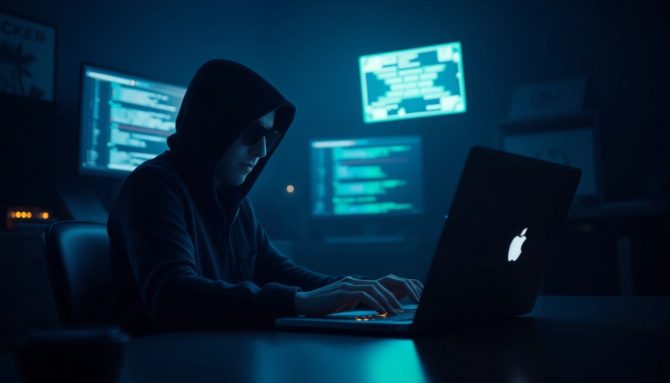 Hire a professional hacker showcasing coding expertise in a dark, tech-savvy environment.