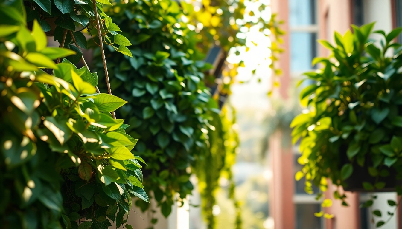 Showcase vertikale Gärten thriving with diverse plants in a serene urban setting.