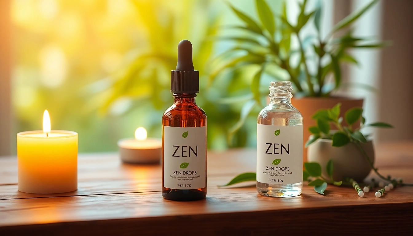 Examine Zen Drops reviews featuring a calming scene with the product bottle surrounded by plants and soft lighting.