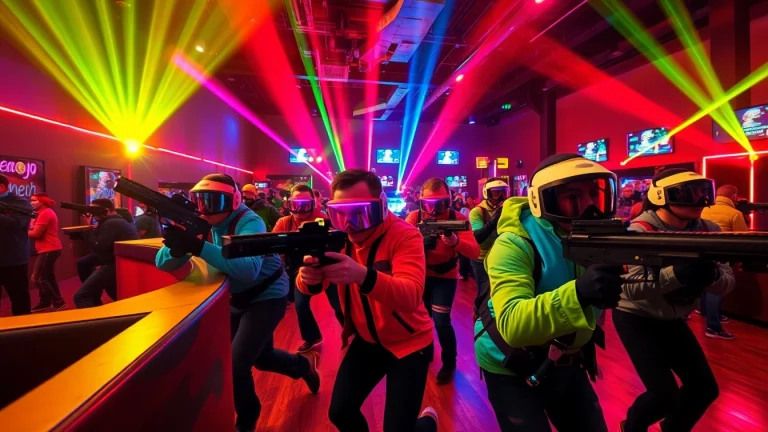 Players engaged in an intense laser tag match within a vibrant arena featuring vivid lighting and action-packed obstacles.