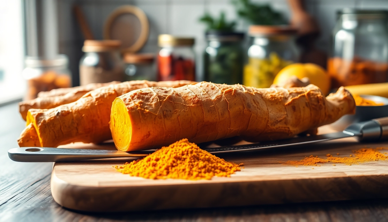 Turmeric Root displayed on a wooden board, showcasing its vibrant color and texture.