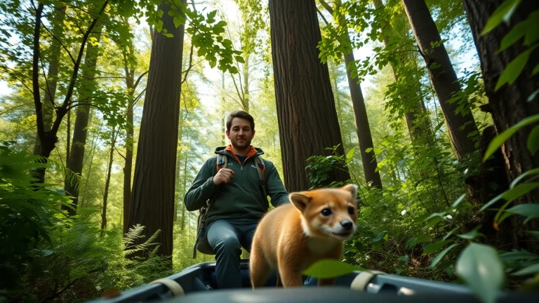 Adventure guide in the forest with friendly animal, showcasing the essence of www.sudswild.com