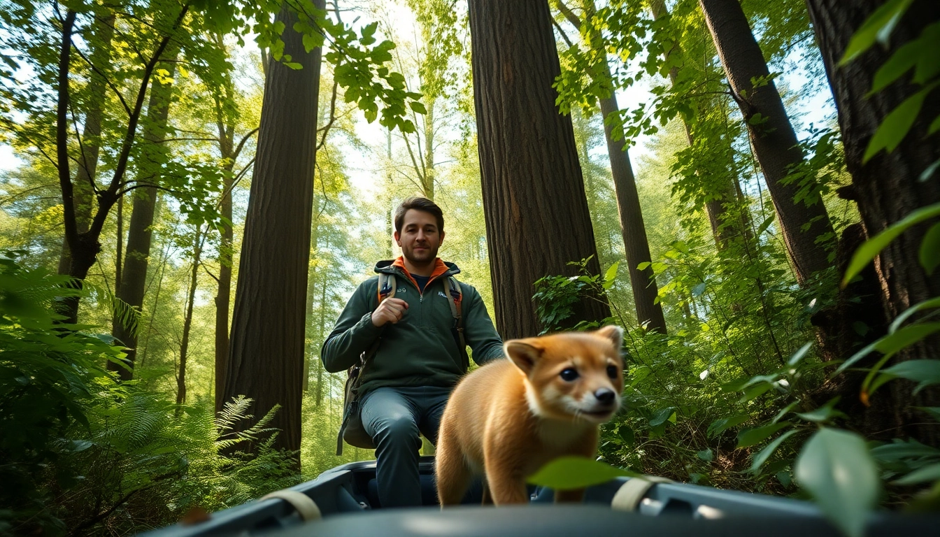 Adventure guide in the forest with friendly animal, showcasing the essence of www.sudswild.com