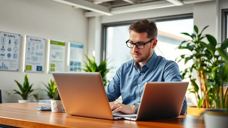Environmental Health & Safety (EHS) Consultant analyzing reports in a modern office setting