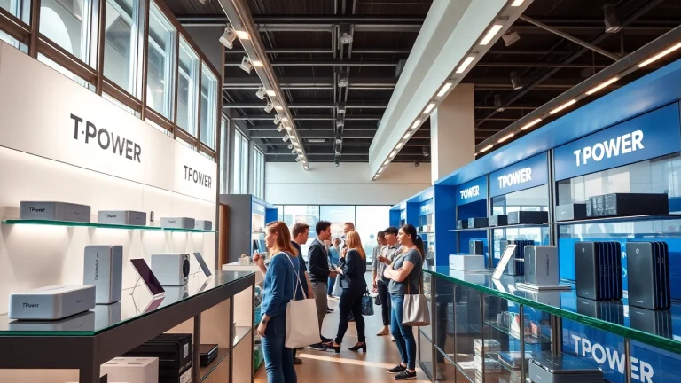 Showcasing TPower products in a modern tech store with bright lighting and engaging atmosphere.