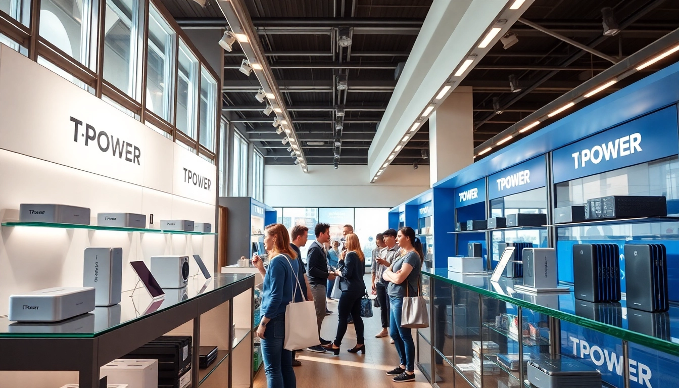 Showcasing TPower products in a modern tech store with bright lighting and engaging atmosphere.
