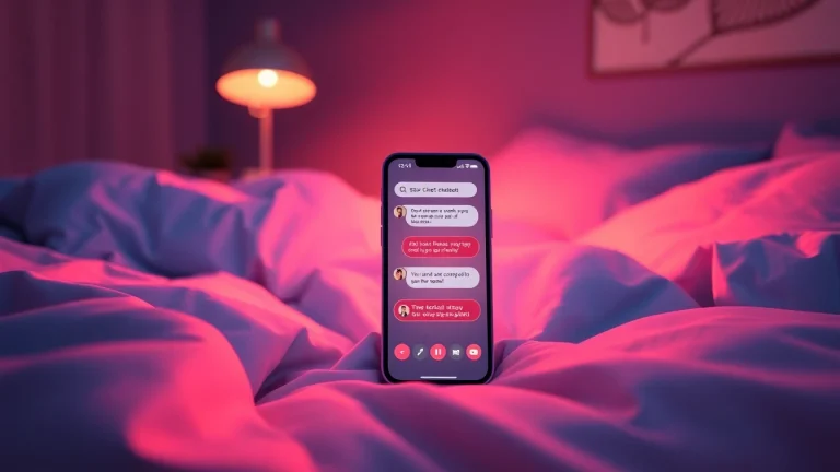 Engage with a sex chat bot through a user-friendly interface on a smartphone in a cozy bedroom setting.