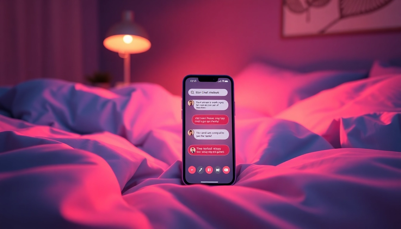 Engage with a sex chat bot through a user-friendly interface on a smartphone in a cozy bedroom setting.