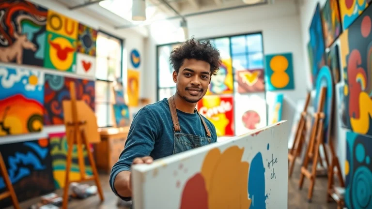 Showcasing emerging artists in Chicago creating vibrant artworks in a studio.