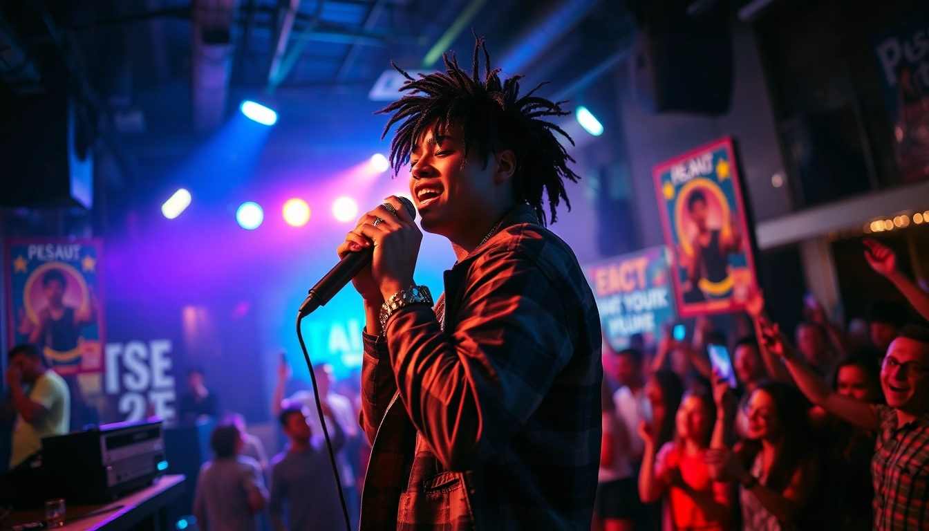 Independent Artist performing energetically on stage with vibrant crowd in background.