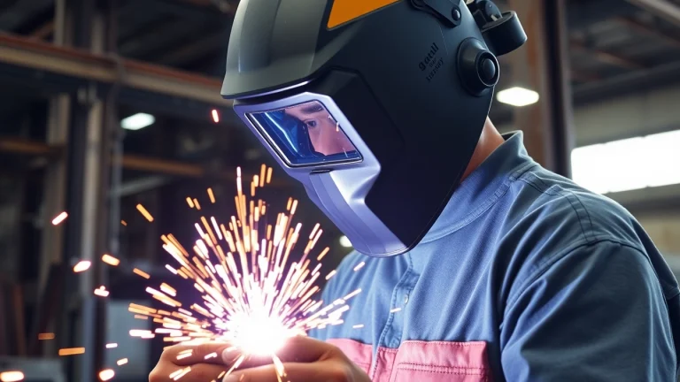 Welder using a welding mask to protect eyes and face during a welding job.