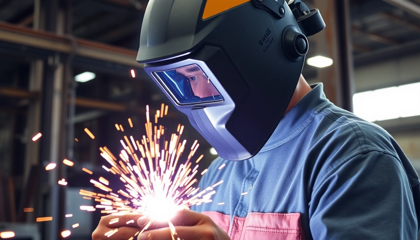 Welder using a welding mask to protect eyes and face during a welding job.