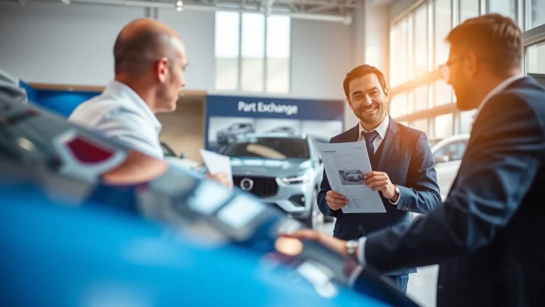 Engaging discussion on part exchange between a customer and a salesperson in a modern dealership.