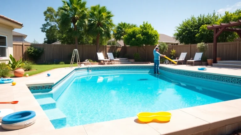 Swimming pool builder constructing a modern inground pool in a sunny backyard setting.