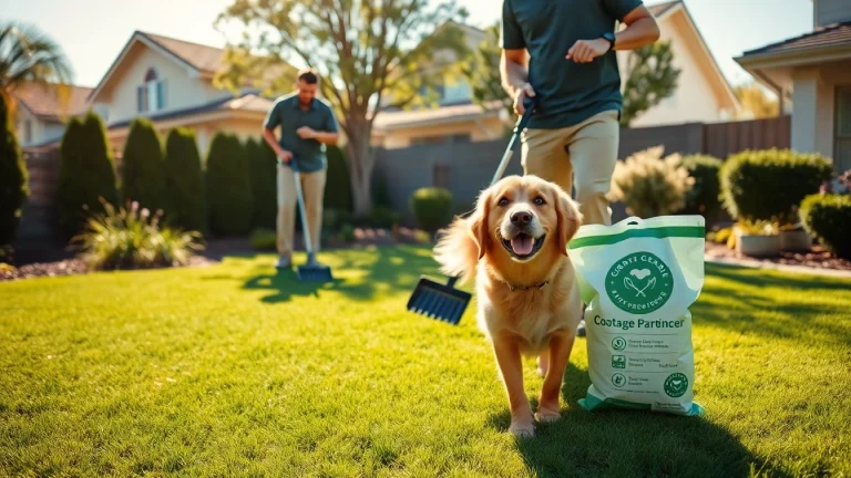 Dog clean up service technician efficiently scooping dog waste in a vibrant backyard environment.